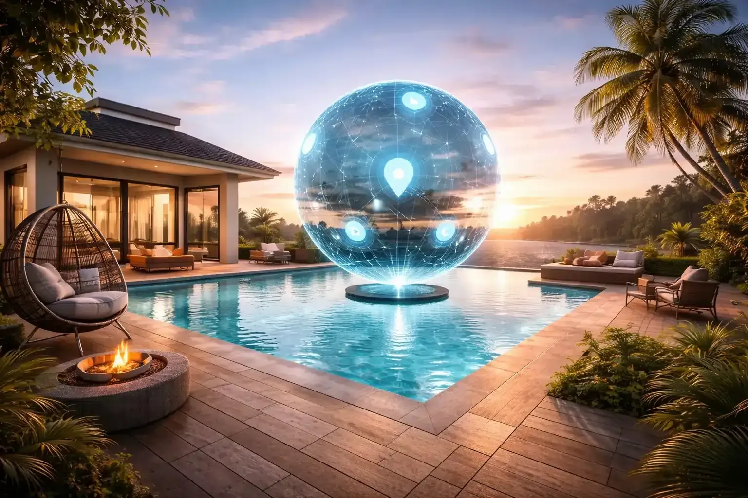 Luxury villa at sunset with a pool, lounge chairs and palm trees, a glowing translucent sphere with location pins floating above the water