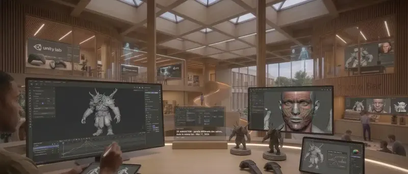 3D animation studio: an artist animates a horned creature on a monitor timeline beside a facial rig screen, figurines and a VR controller