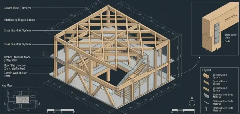 Axonometric technical view of a timber building's 3D model, with glulam trusses, a diagrid lattice, staircase and glass guardrails labeled, plus a steel splice plate detail and legend on a dark background