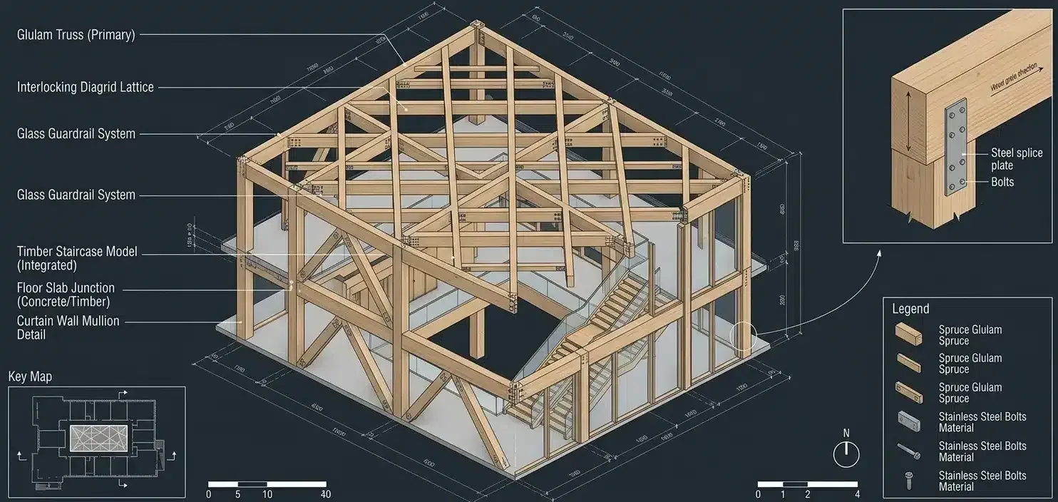 Vue technique axonométrique du modèle 3D d'un bâtiment en bois, avec fermes en lamellé-collé, résille en diagrid, escalier et garde-corps vitrés annotés, un détail de platine métallique et une légende sur fond sombre