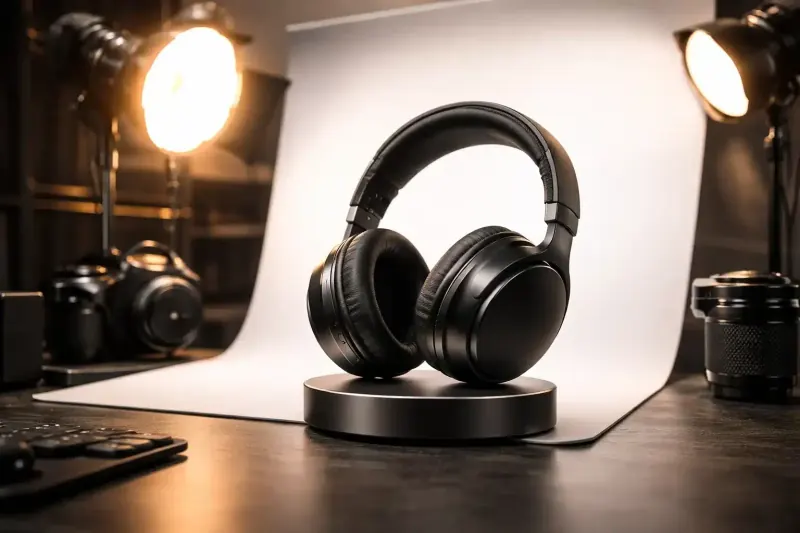 Visuel produit façon rendu 3D : casque audio noir sur socle rond, fond blanc, projecteurs chauds et appareils photo