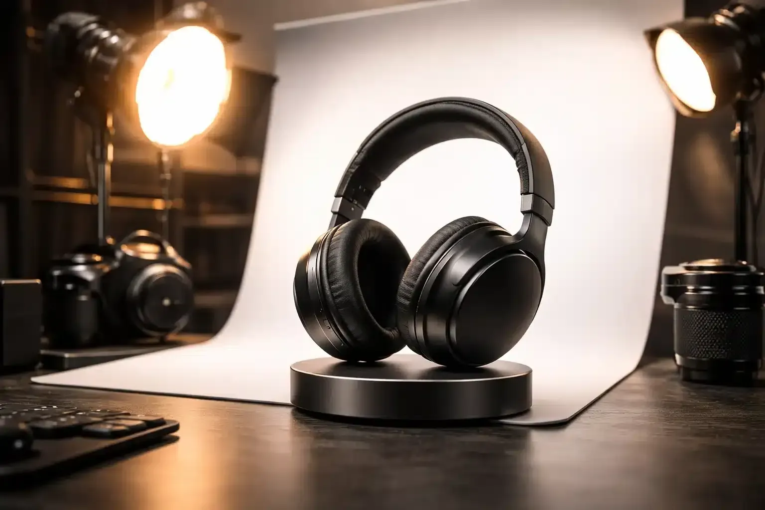 3D-style render of black over-ear headphones on a round pedestal in a studio with warm lights and cameras