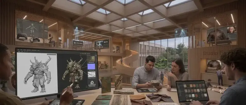 Texturing studio: an artist paints a horned creature model in Substance Painter while colleagues examine stone, wood, leather and fabric samples