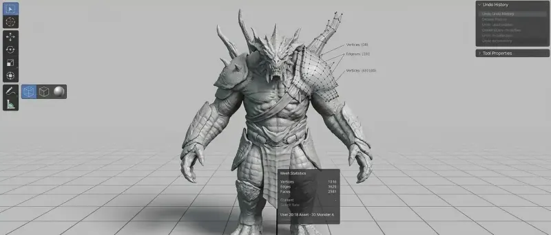 Personnage de jeu vidéo cornu sculpté dans un viewport 3D, matière grise type argile, avec superposition filaire et statistiques de maillage
