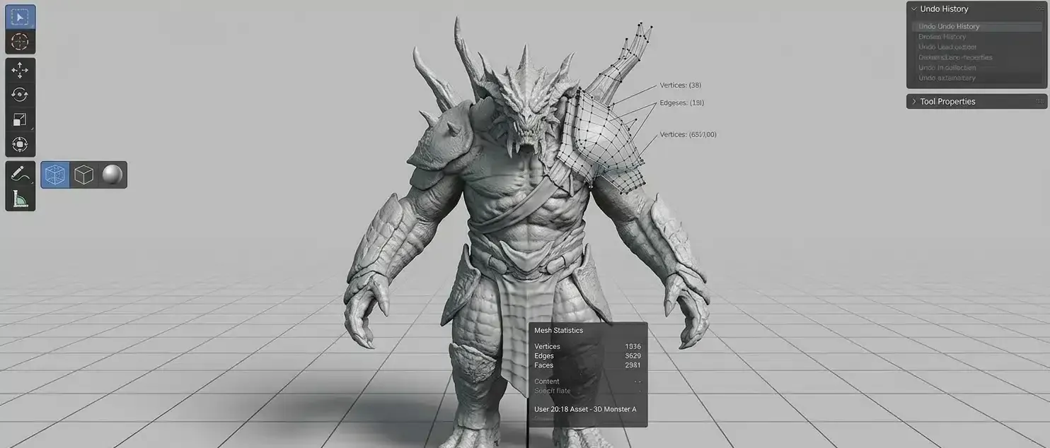 Horned monster game character sculpted in a 3D viewport, grey clay material with wireframe and vertex, edge and face statistics overlay