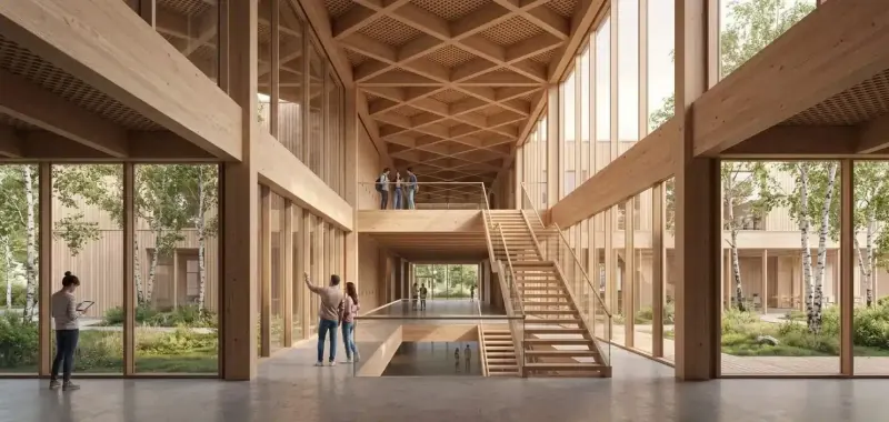Architectural render of a mass-timber atrium with a diagrid ceiling, a wooden staircase, glass walls onto birch courtyards and people