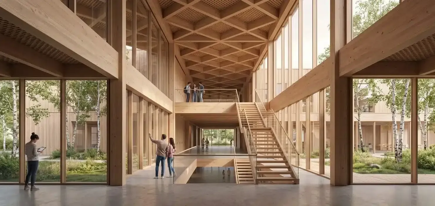 Architectural render of a mass-timber atrium with a diagrid ceiling, a wooden staircase, glass walls onto birch courtyards and people