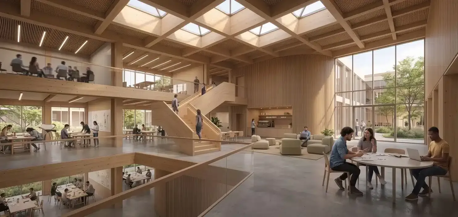 Render of a mass-timber atrium interior with skylights, people working at tables and lounge seating